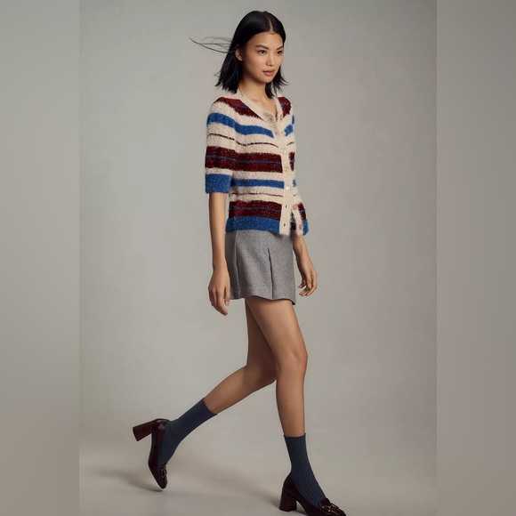 Maeve Fuzzy Stripe Cardigan Sweater XS Multicolor Blue Playful Preppy Trendy - Picture 2 of 9